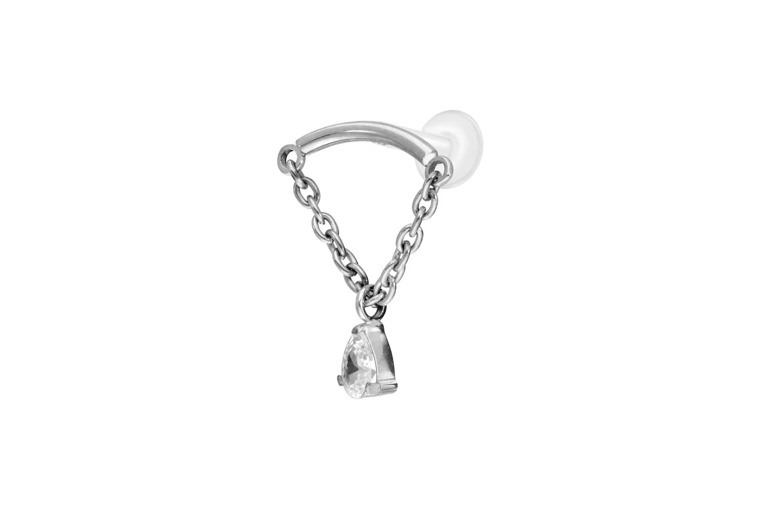PTFE Labret Piercing mit Innengewinde + Titan-Aufsatz BOGEN + KETTE + KRISTALLTROPFEN